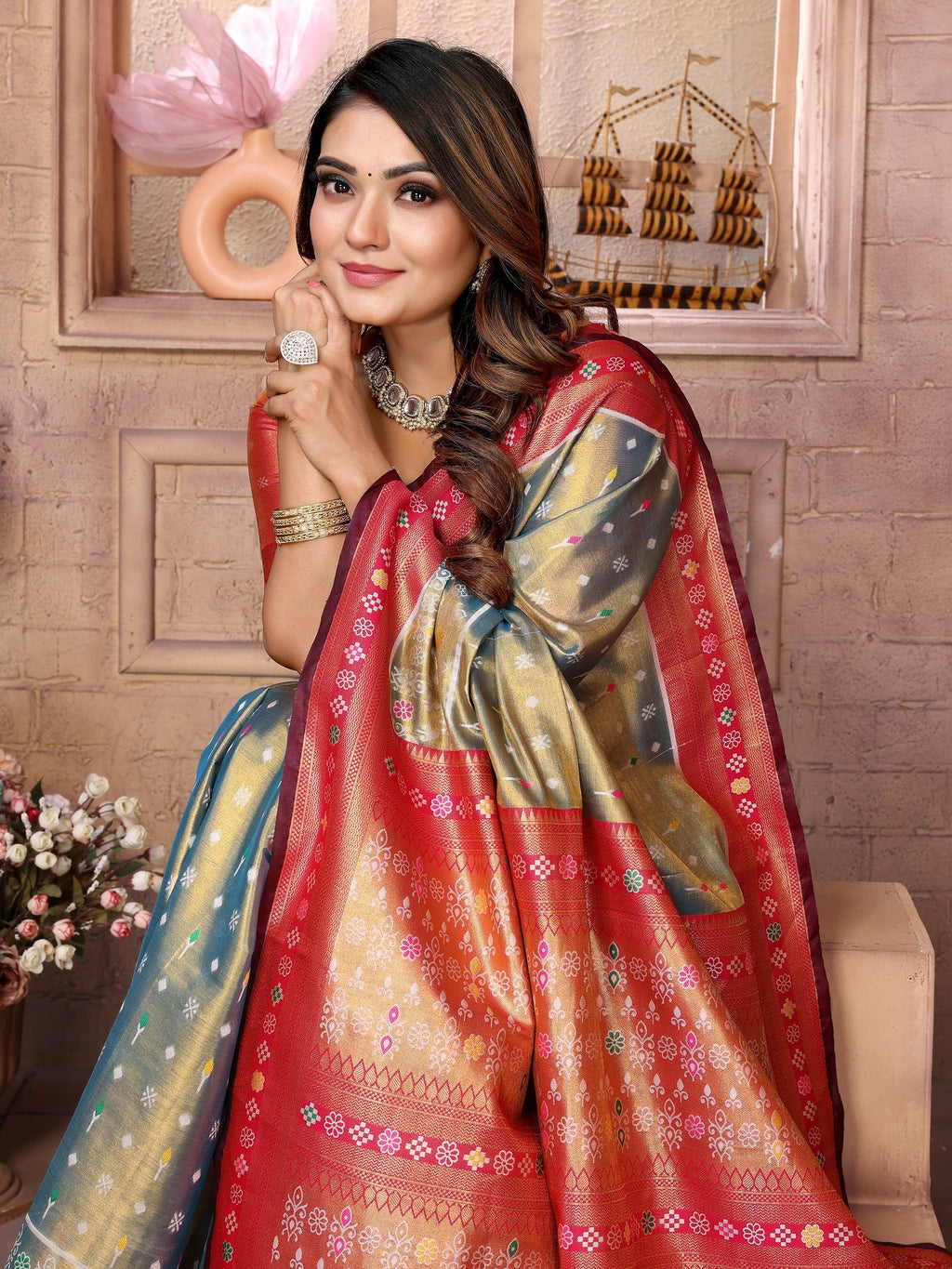 Vedant Vastram Tissue Silk Patola Design Kanjeevaram Silk Saree - Grey | Grocsy