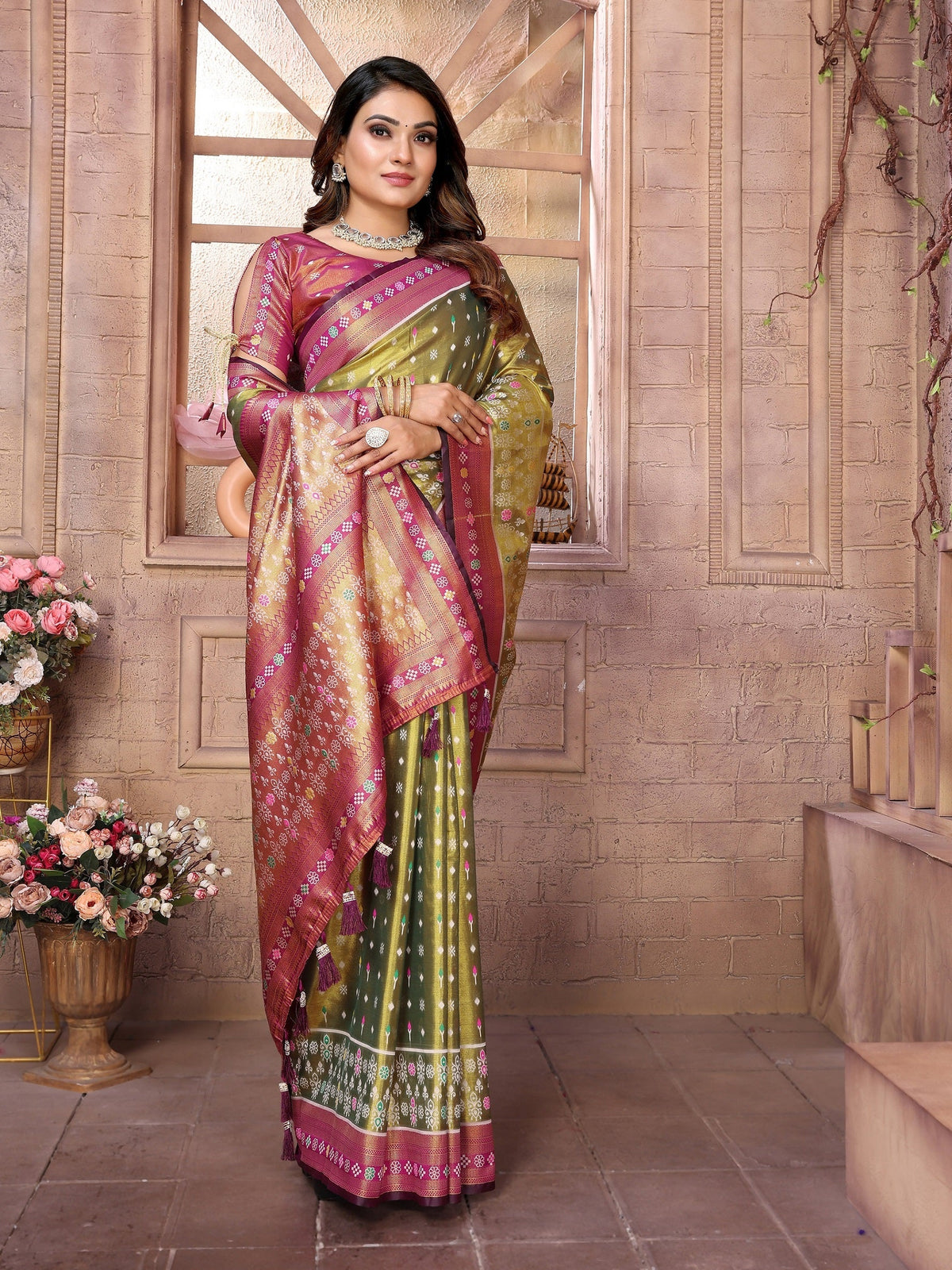 Vedant Vastram Tissue Silk Patola Design Kanjeevaram Silk Saree - Olive | Grocsy