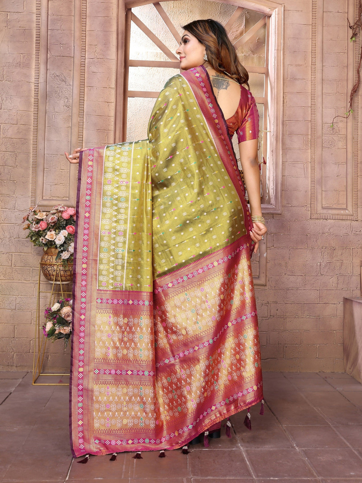Vedant Vastram Tissue Silk Patola Design Kanjeevaram Silk Saree - Olive | Grocsy