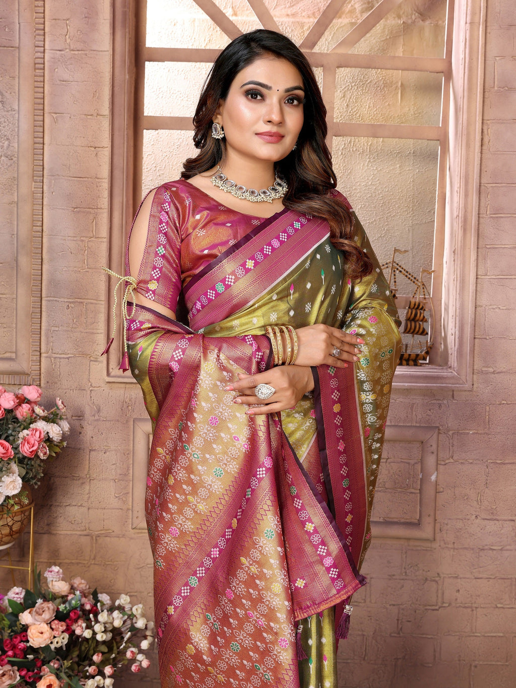 Vedant Vastram Tissue Silk Patola Design Kanjeevaram Silk Saree - Olive | Grocsy