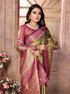 Vedant Vastram Tissue Silk Patola Design Kanjeevaram Silk Saree - Olive | Grocsy