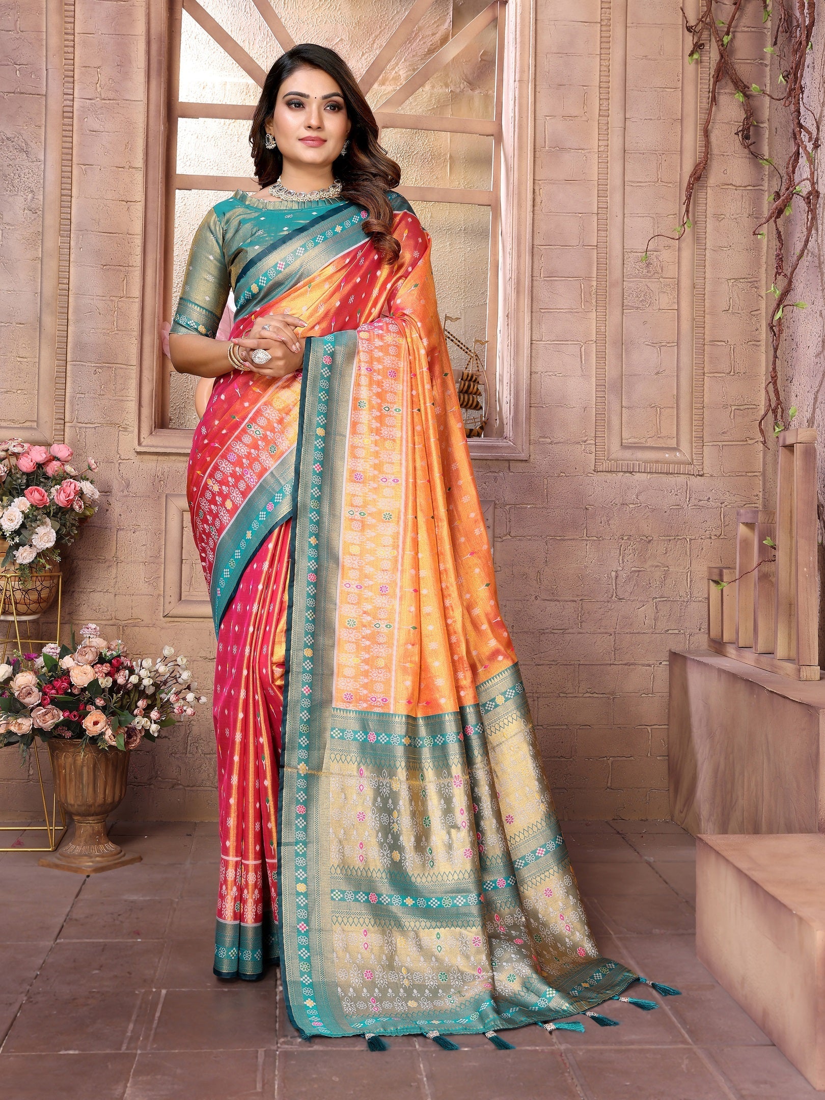 Vedant Vastram Tissue Silk Patola Design Kanjeevaram Silk Saree - Orange | Grocsy