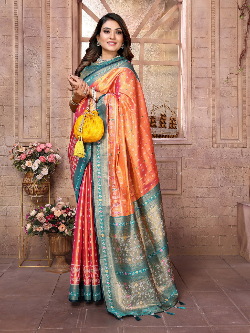 Vedant Vastram Tissue Silk Patola Design Kanjeevaram Silk Saree - Orange | Grocsy