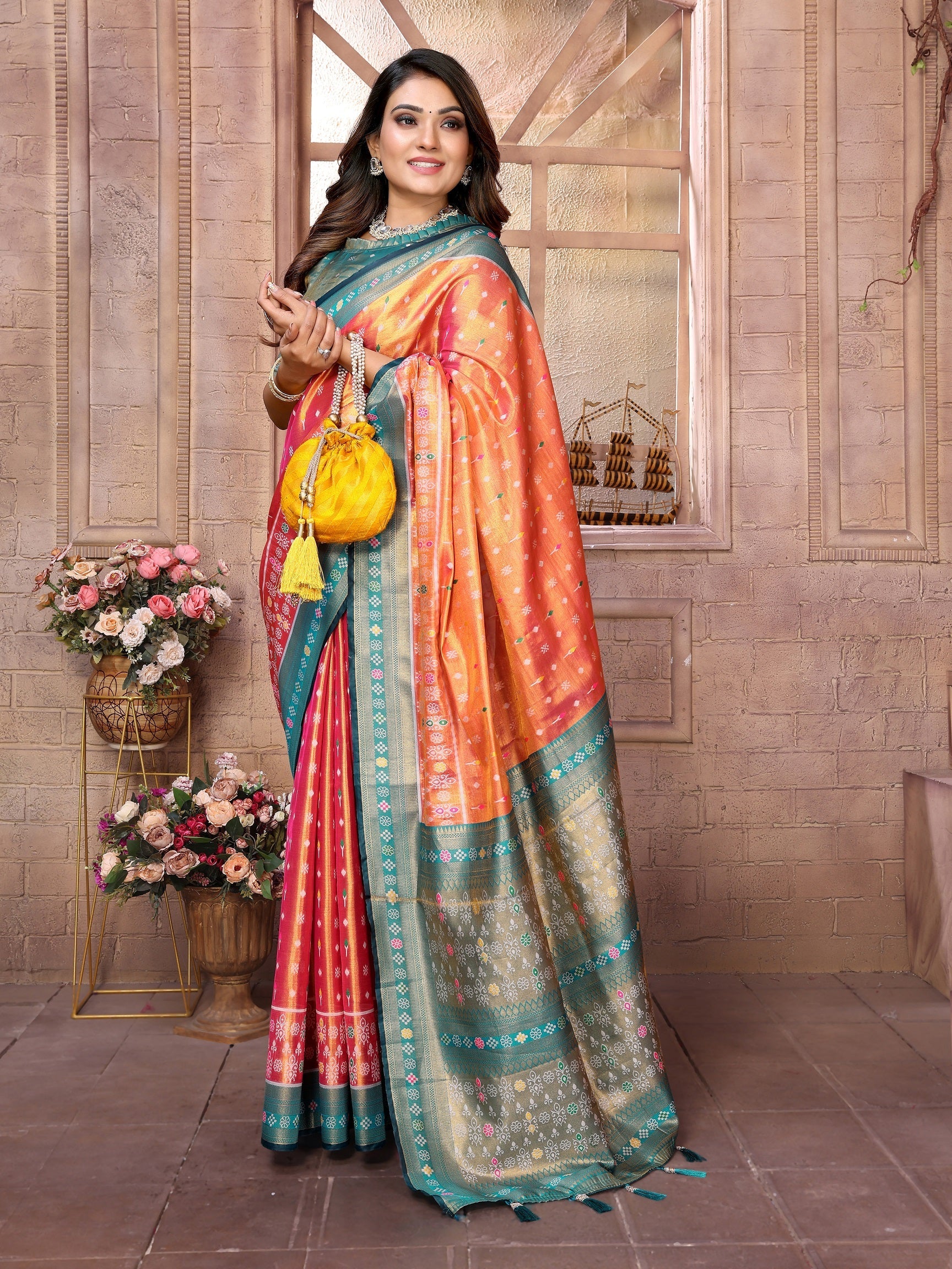 Vedant Vastram Tissue Silk Patola Design Kanjeevaram Silk Saree - Orange | Grocsy