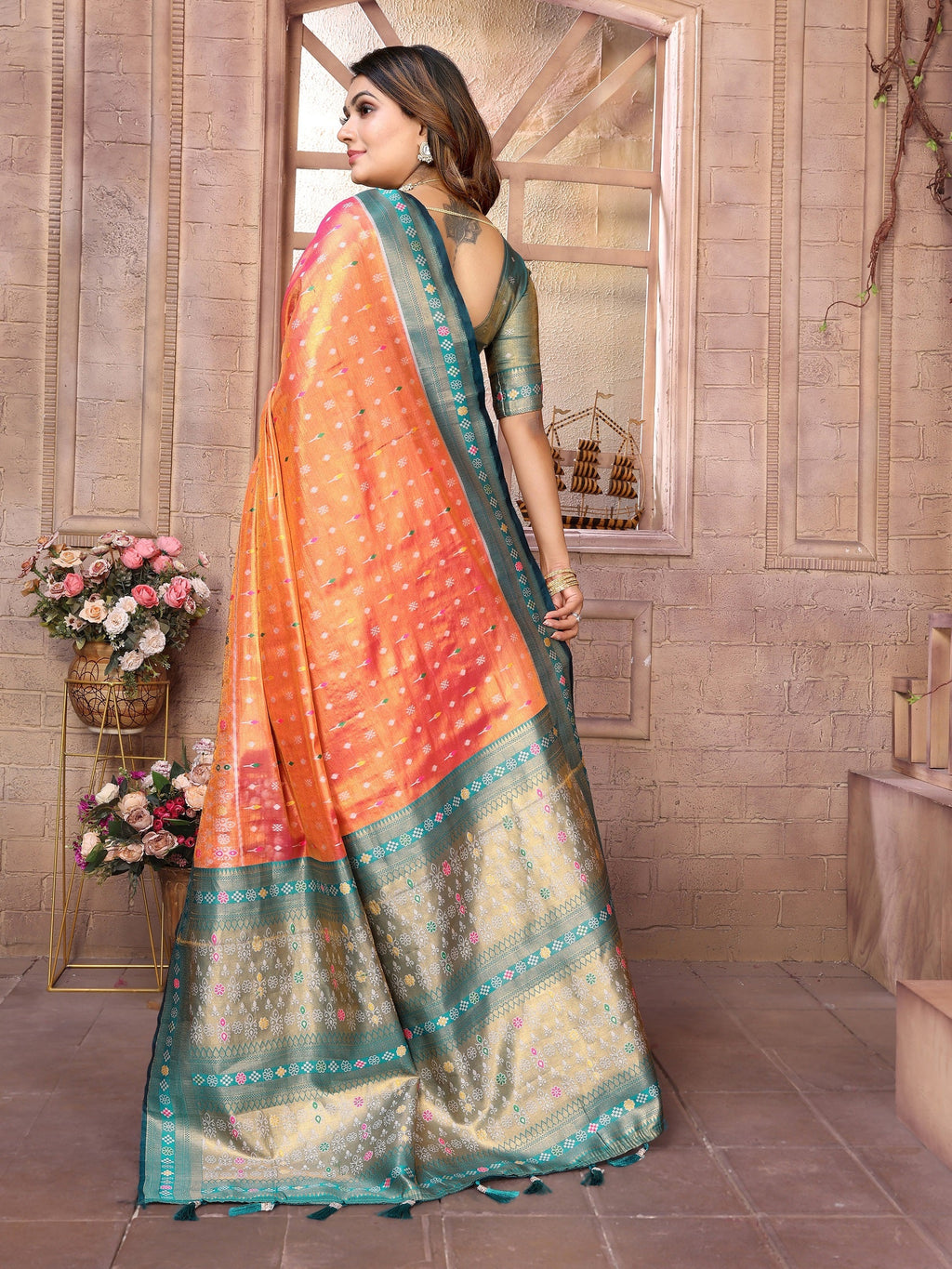 Vedant Vastram Tissue Silk Patola Design Kanjeevaram Silk Saree - Orange | Grocsy