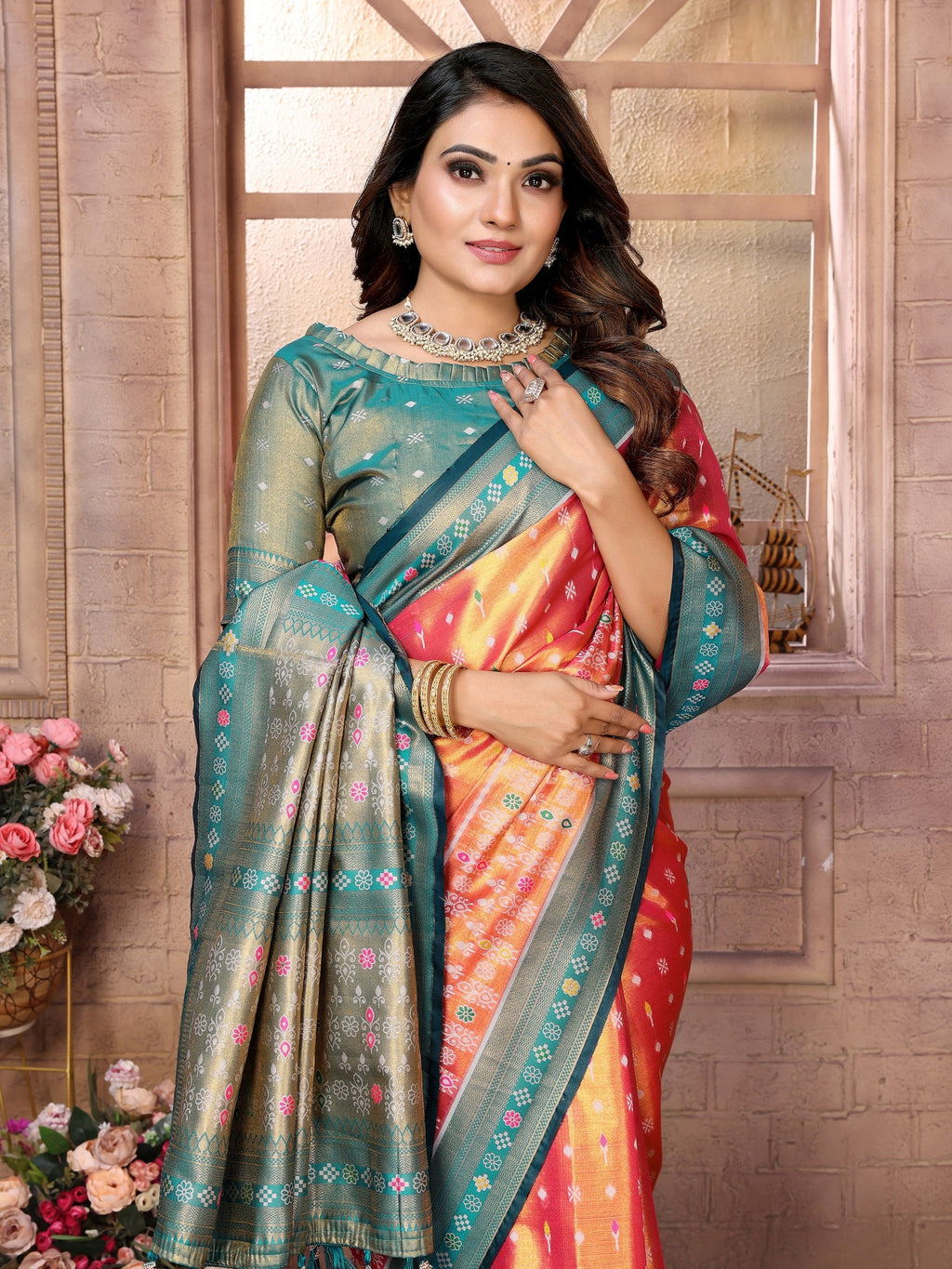 Vedant Vastram Tissue Silk Patola Design Kanjeevaram Silk Saree - Orange | Grocsy