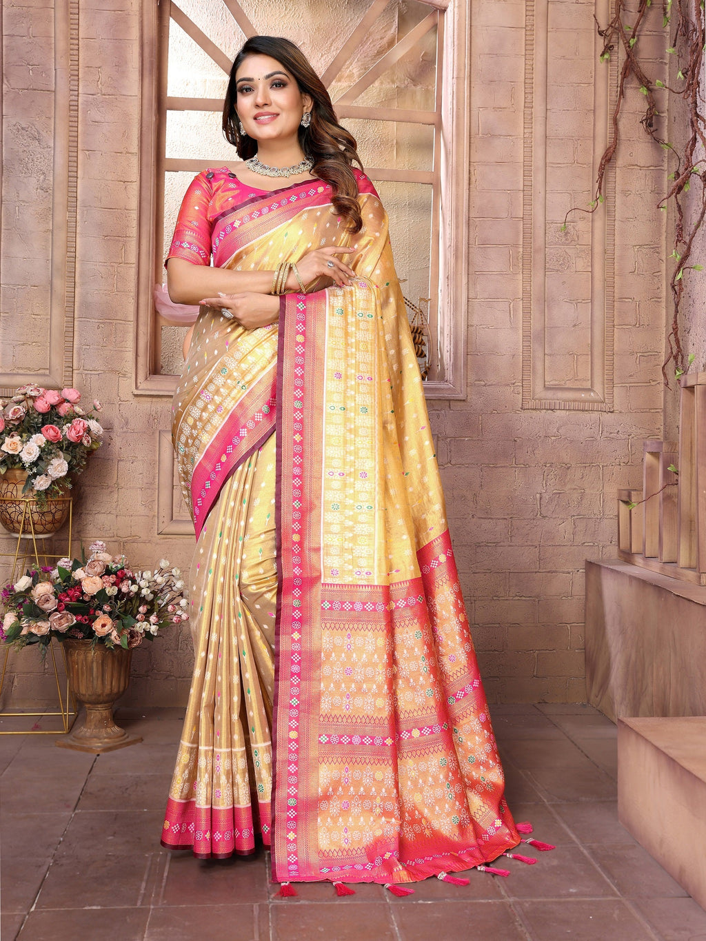 Vedant Vastram Tissue Silk Patola Design Kanjeevaram Silk Saree - Pink | Grocsy