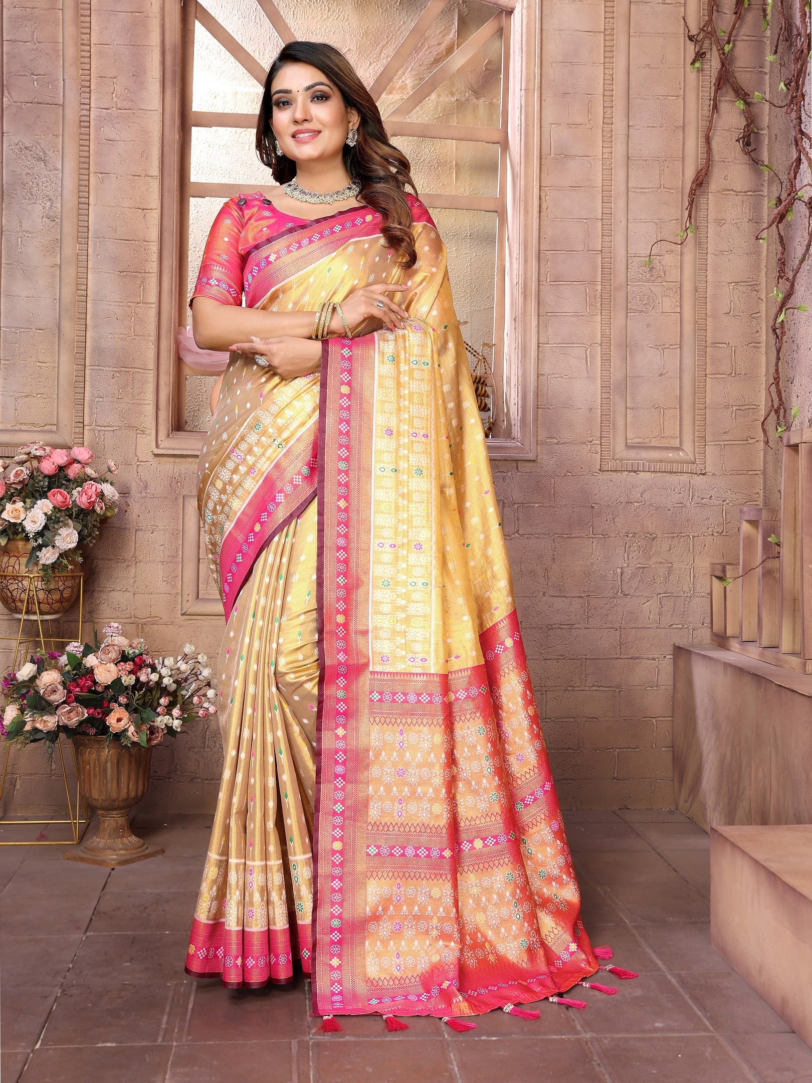 Vedant Vastram Tissue Silk Patola Design Kanjeevaram Silk Saree - Pink | Grocsy
