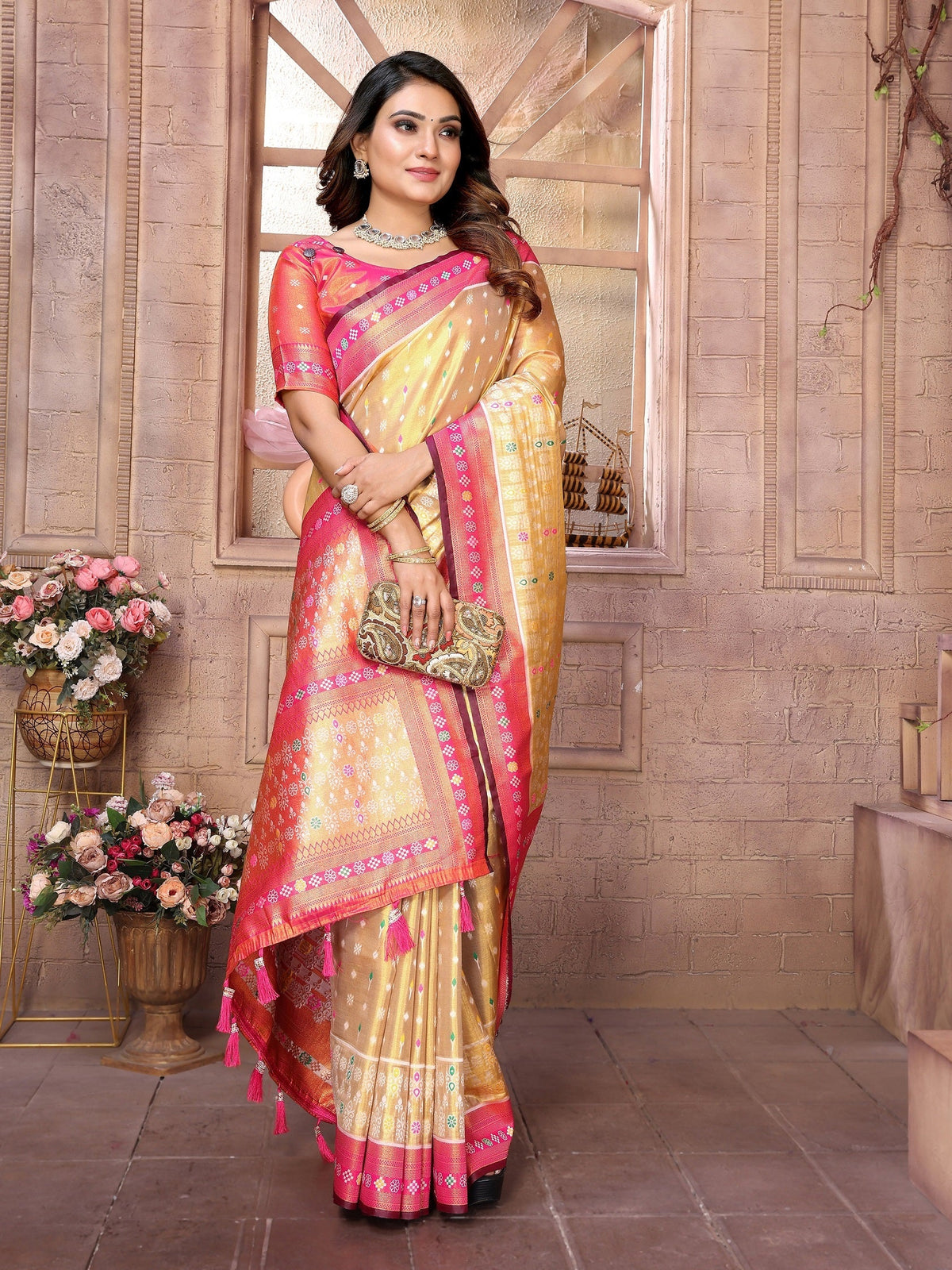 Vedant Vastram Tissue Silk Patola Design Kanjeevaram Silk Saree - Pink | Grocsy
