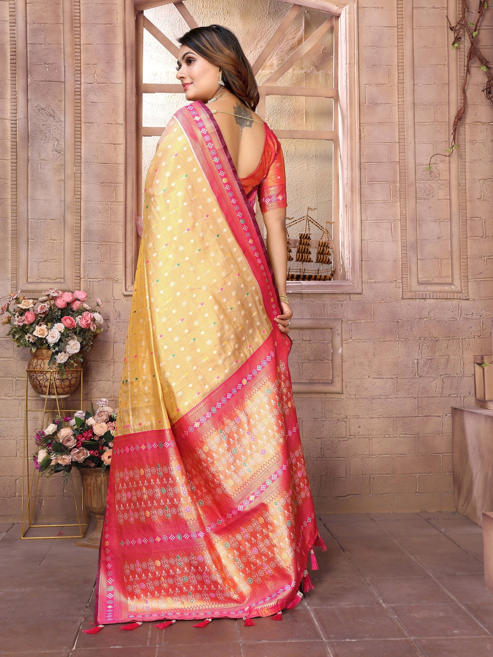 Vedant Vastram Tissue Silk Patola Design Kanjeevaram Silk Saree - Pink | Grocsy
