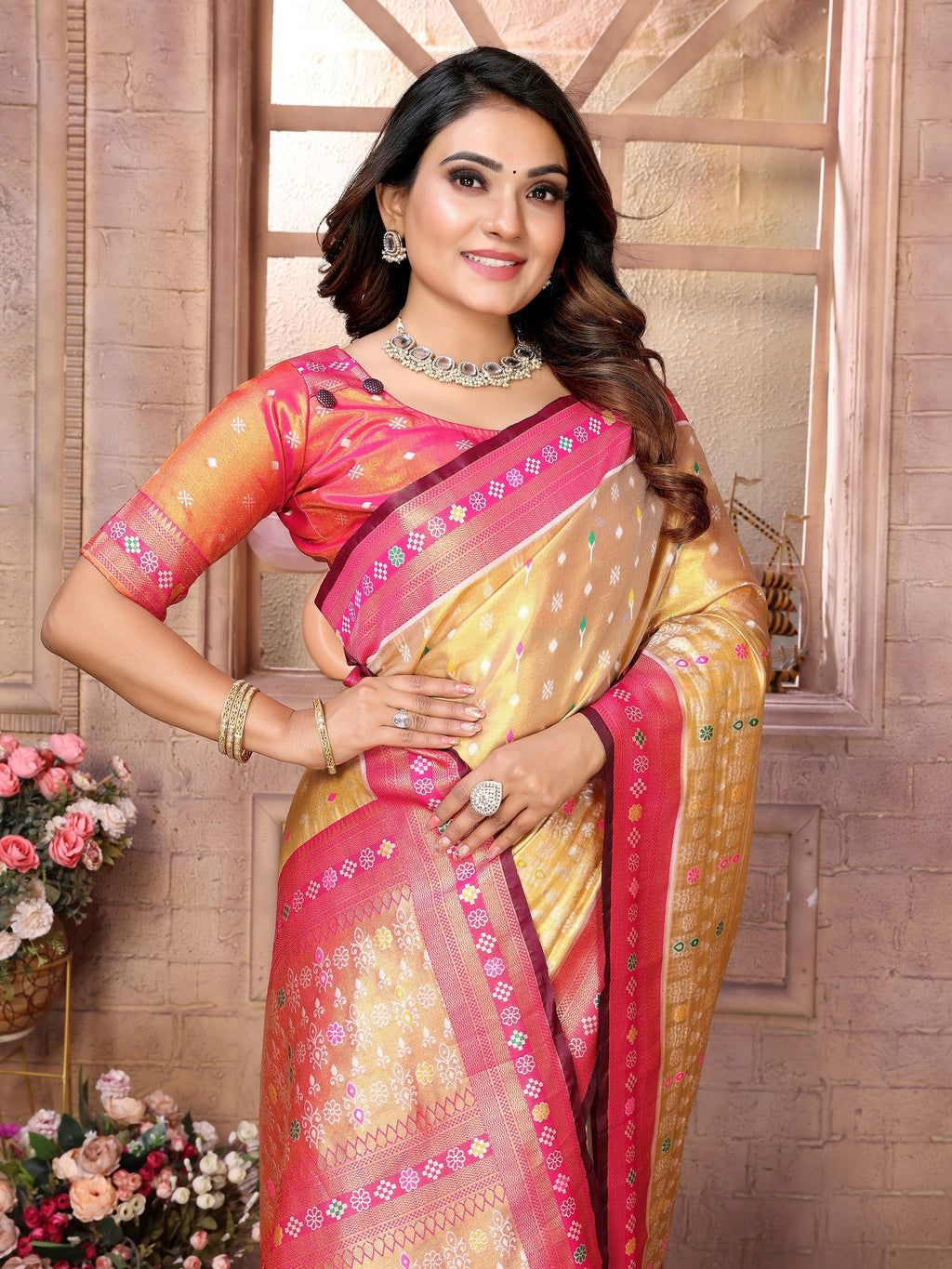 Vedant Vastram Tissue Silk Patola Design Kanjeevaram Silk Saree - Pink | Grocsy