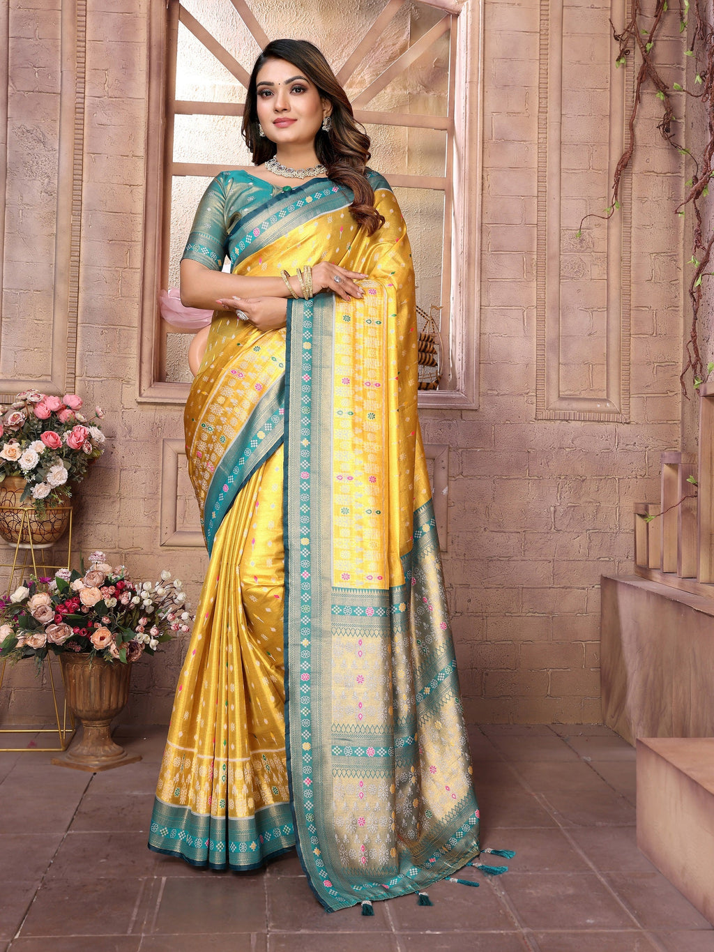 Vedant Vastram Tissue Silk Patola Design Kanjeevaram Silk Saree - Yellow | Grocsy