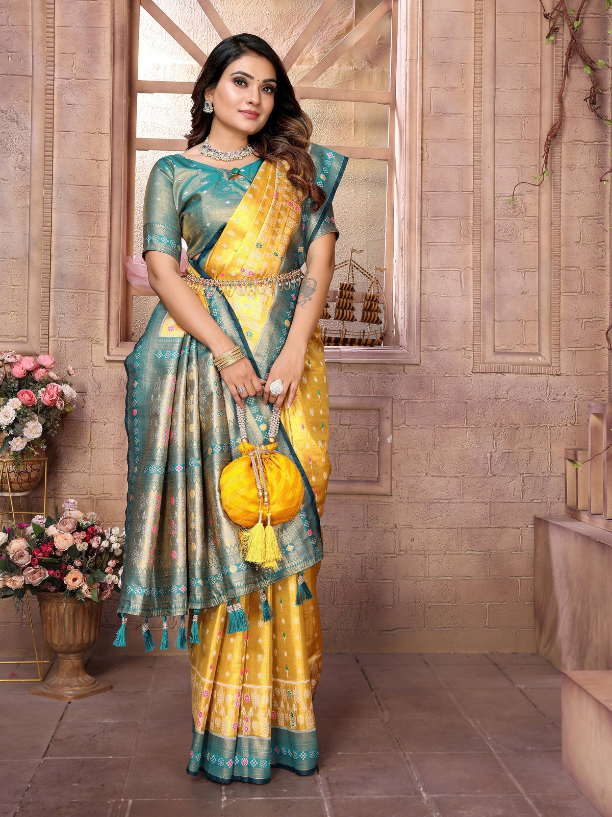 Vedant Vastram Tissue Silk Patola Design Kanjeevaram Silk Saree - Yellow | Grocsy