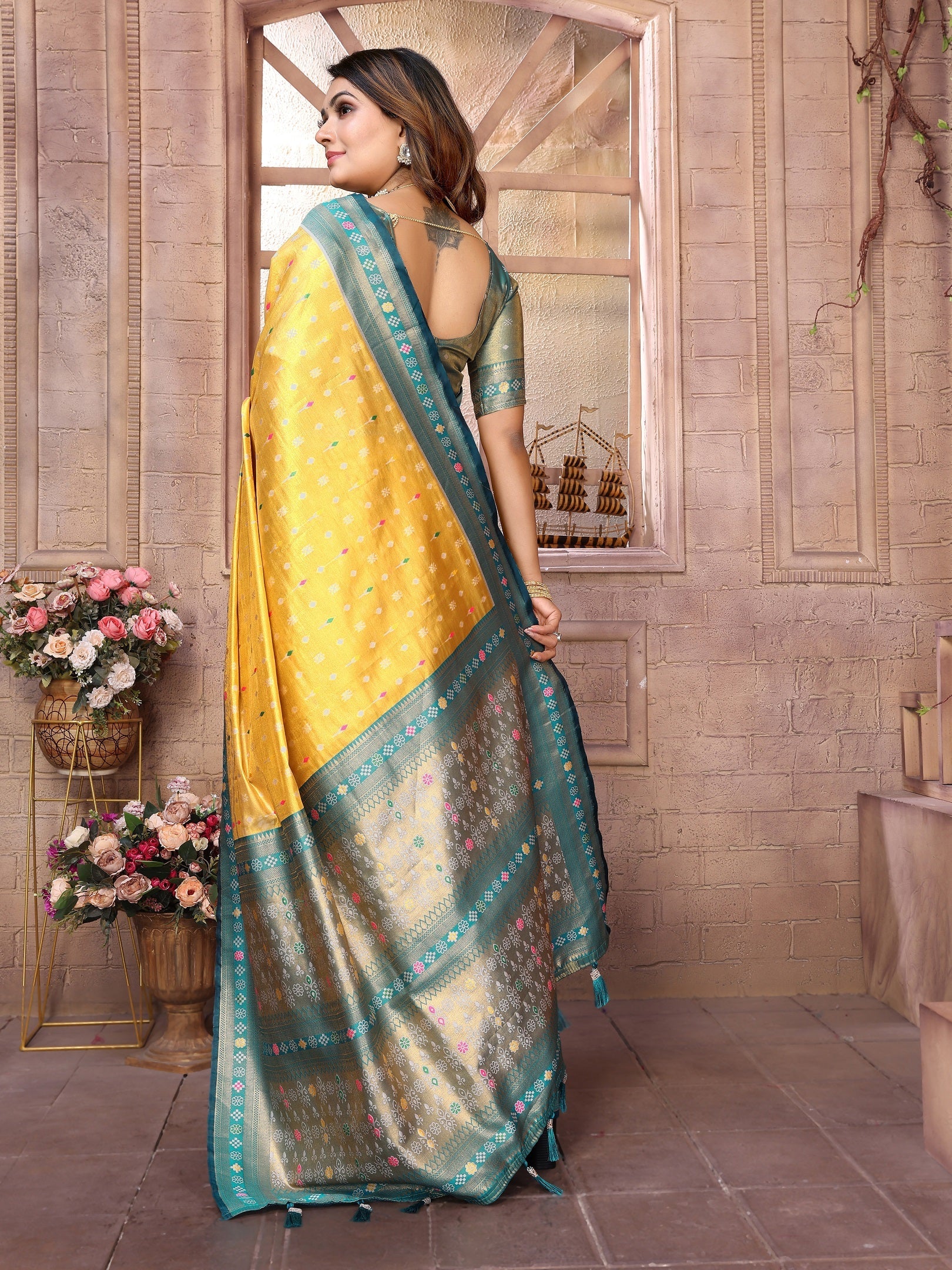 Vedant Vastram Tissue Silk Patola Design Kanjeevaram Silk Saree - Yellow | Grocsy