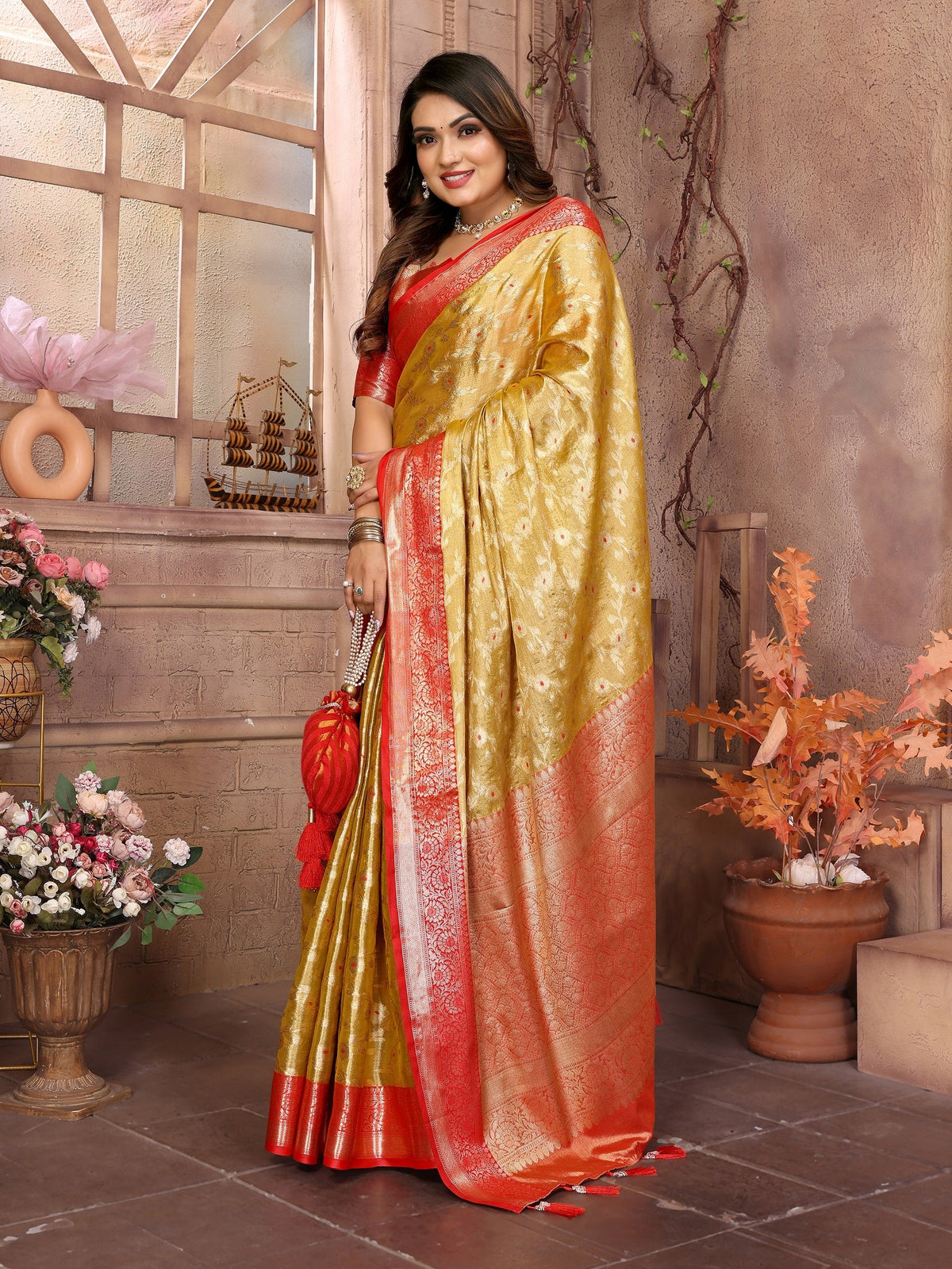 Vedant Vastram Tissue Silk Kanjeevaram Silk Saree - Mustard | Grocsy