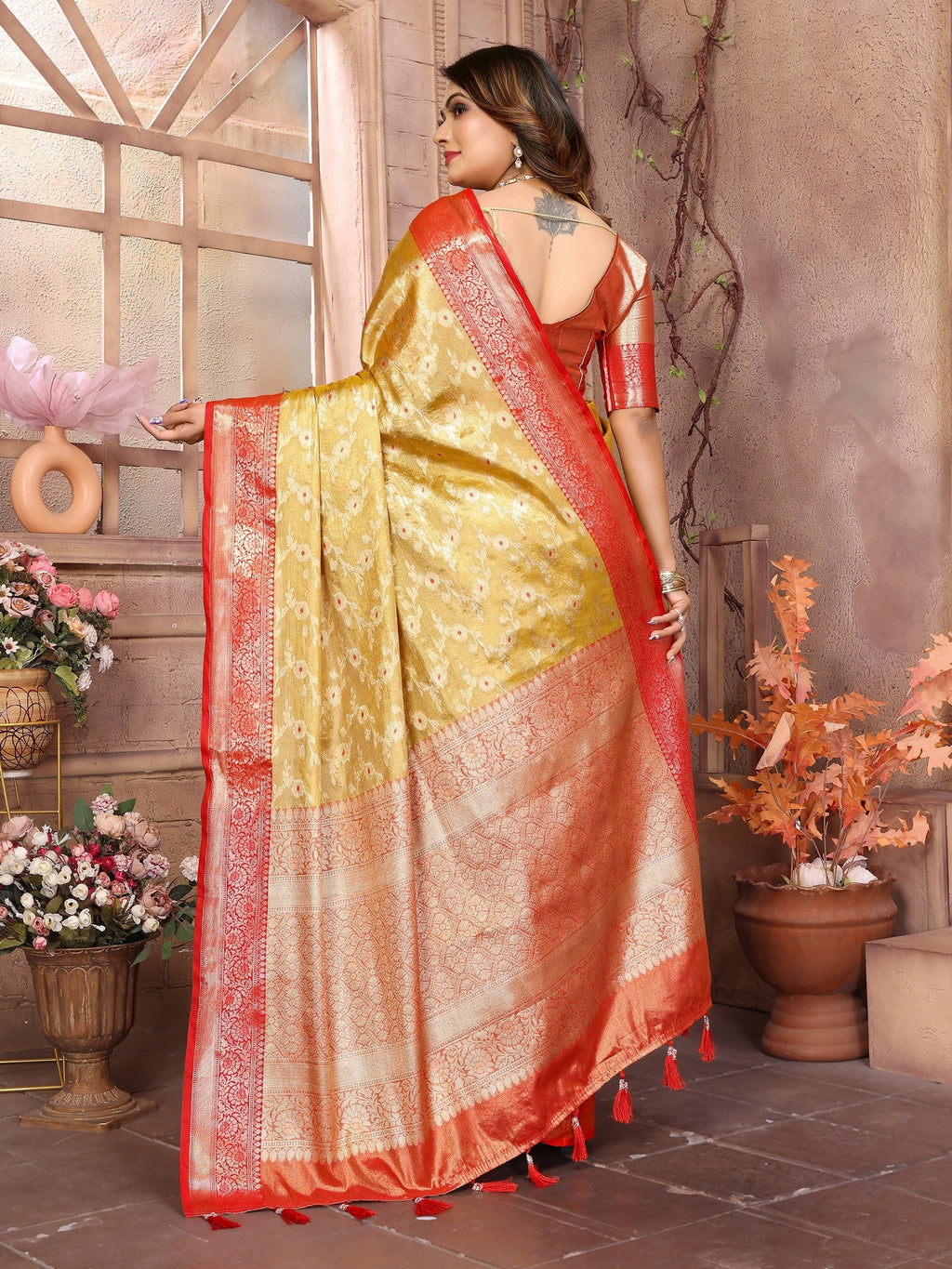 Vedant Vastram Tissue Silk Kanjeevaram Silk Saree - Mustard | Grocsy