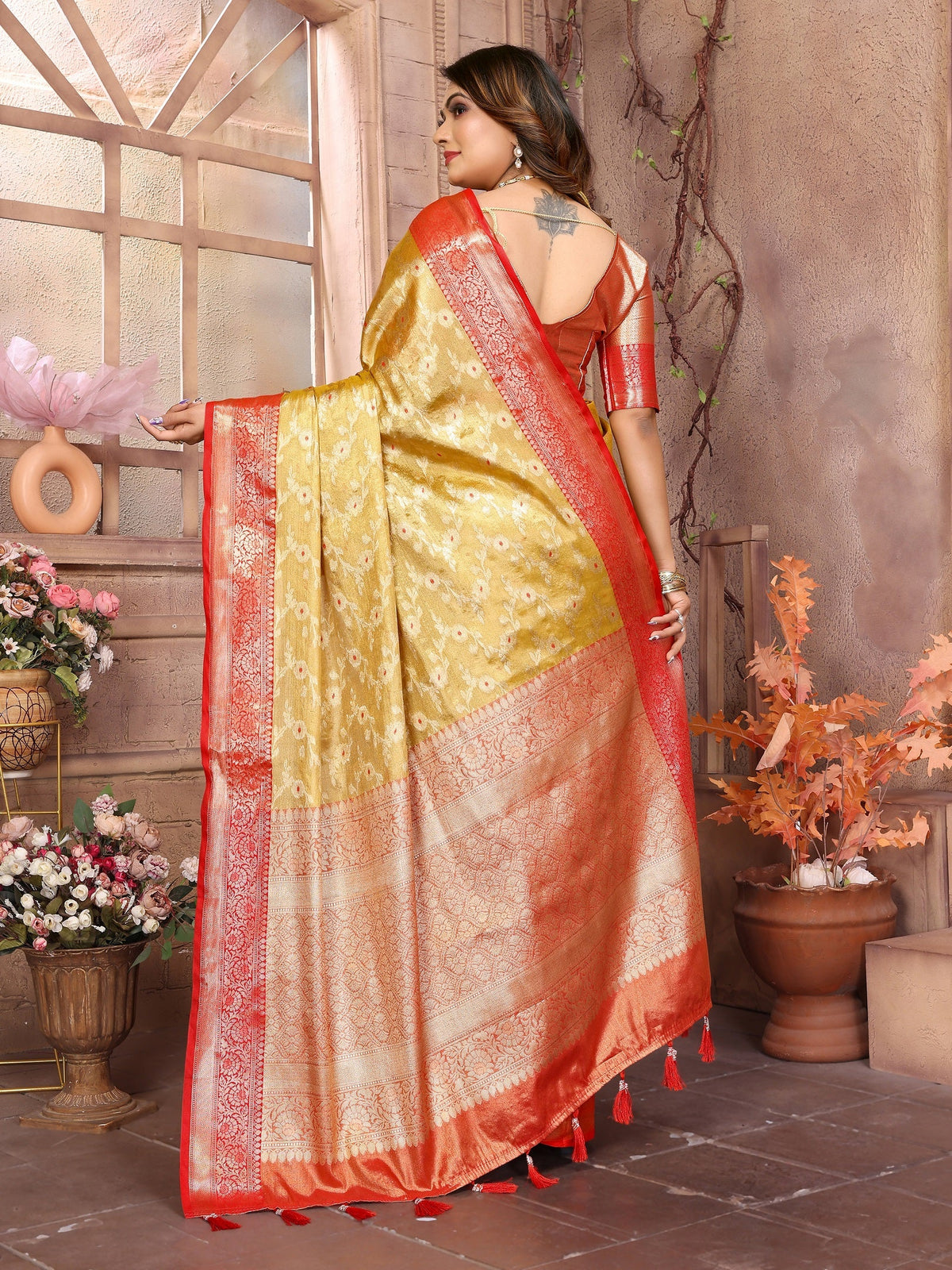 Vedant Vastram Tissue Silk Kanjeevaram Silk Saree - Mustard | Grocsy