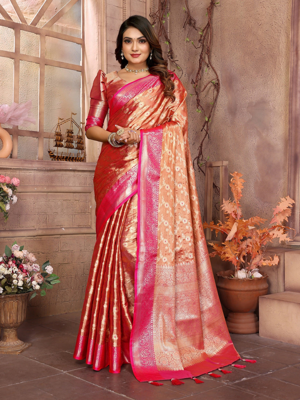 Vedant Vastram Tissue Silk Kanjeevaram Silk Saree - Orange | Grocsy