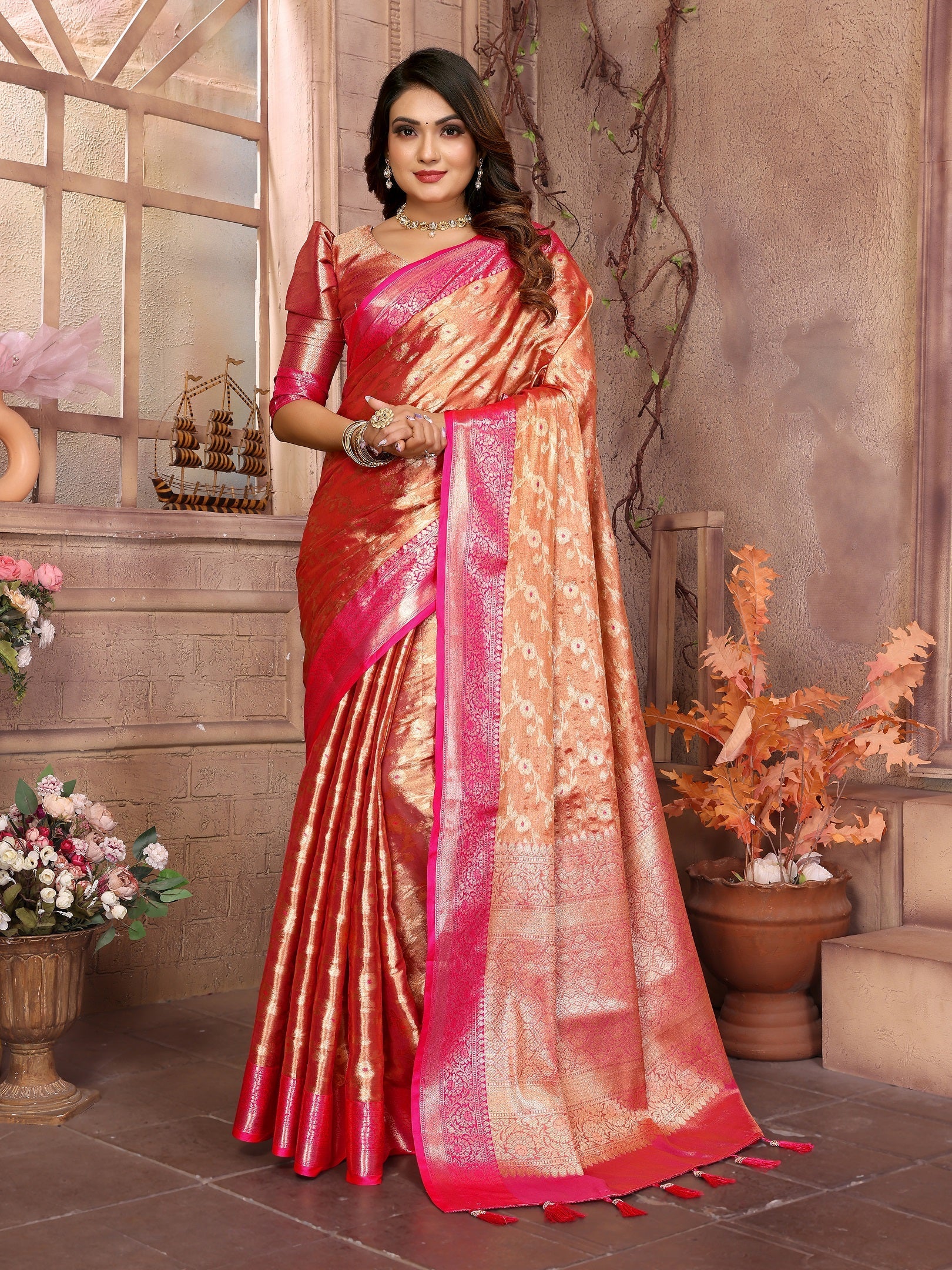 Vedant Vastram Tissue Silk Kanjeevaram Silk Saree - Orange | Grocsy