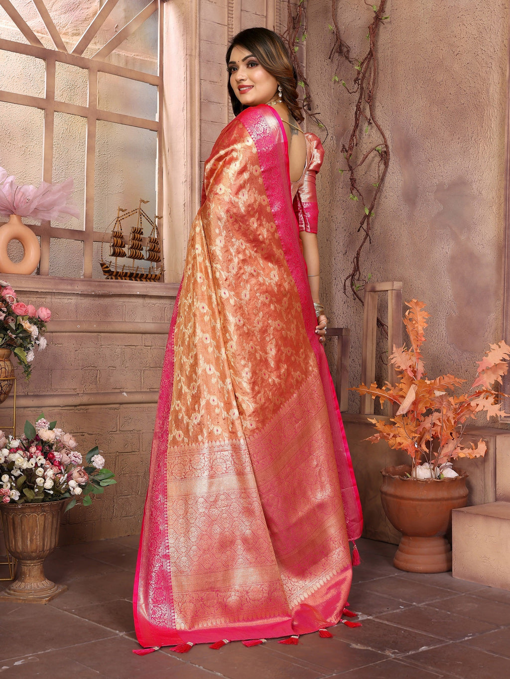 Vedant Vastram Tissue Silk Kanjeevaram Silk Saree - Orange | Grocsy