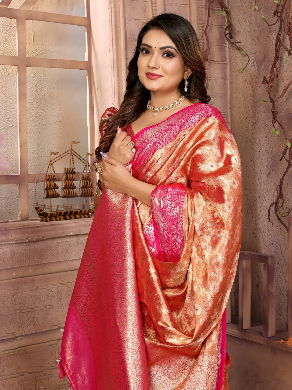 Vedant Vastram Tissue Silk Kanjeevaram Silk Saree - Orange | Grocsy