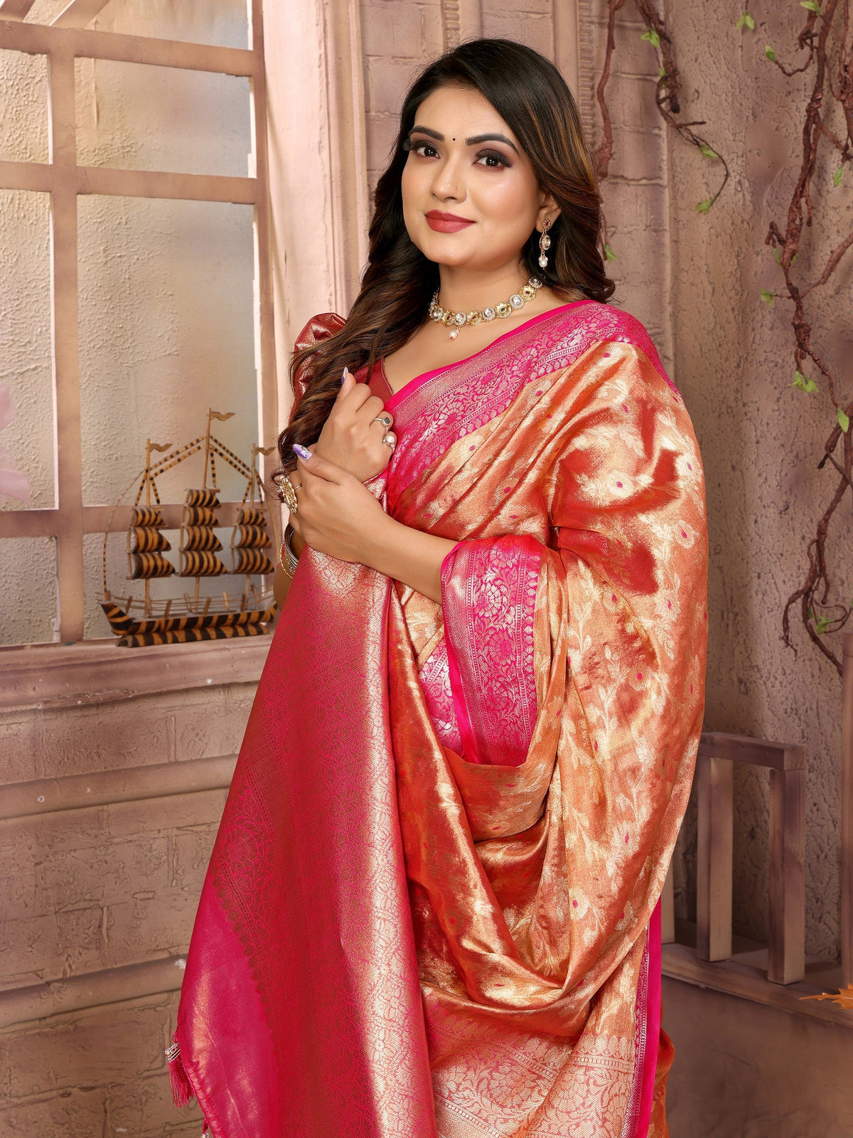 Vedant Vastram Tissue Silk Kanjeevaram Silk Saree - Orange | Grocsy
