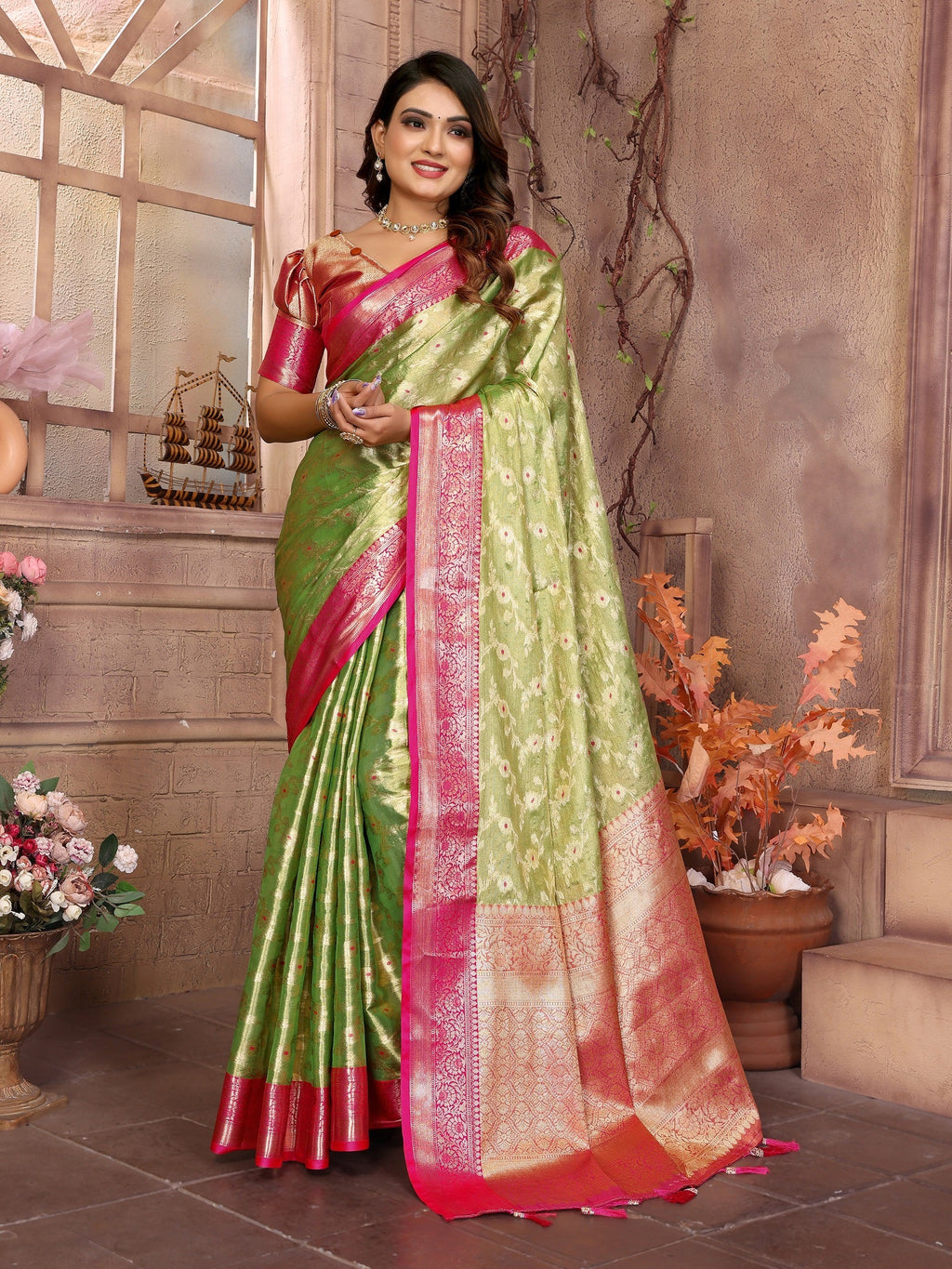 Vedant Vastram Tissue Silk Kanjeevaram Silk Saree - Parrot | Grocsy