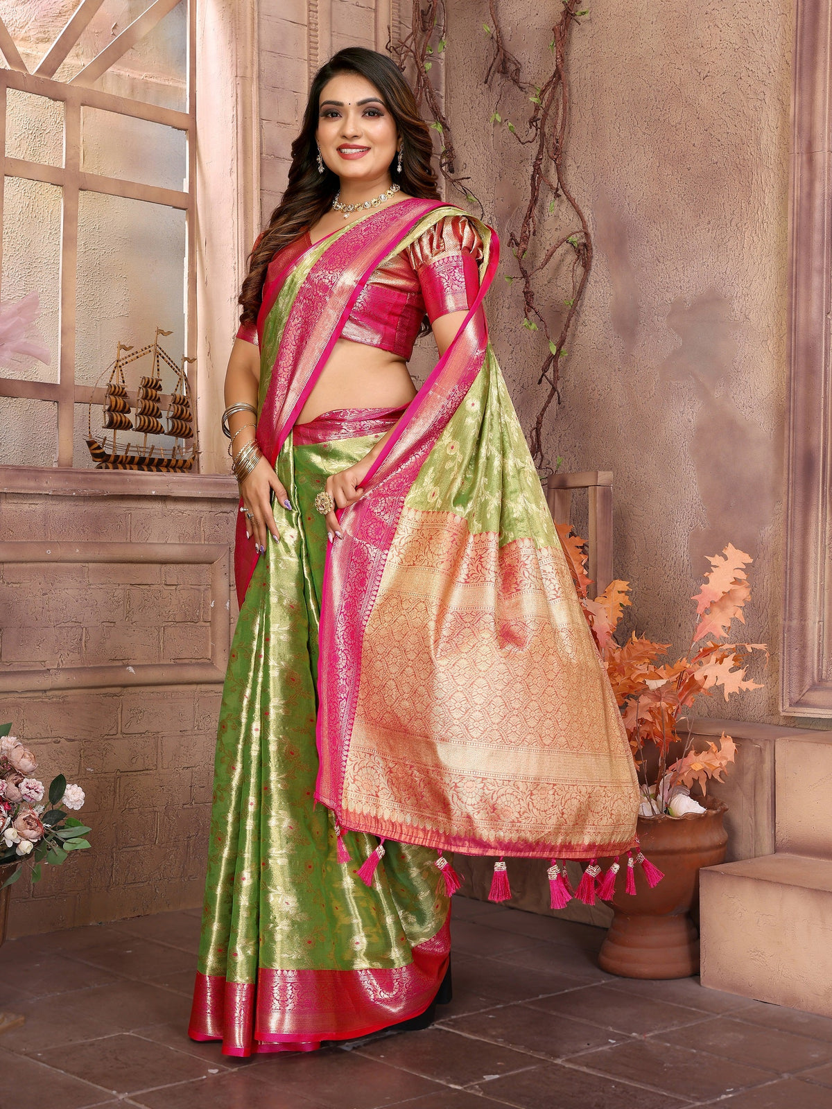 Vedant Vastram Tissue Silk Kanjeevaram Silk Saree - Parrot | Grocsy
