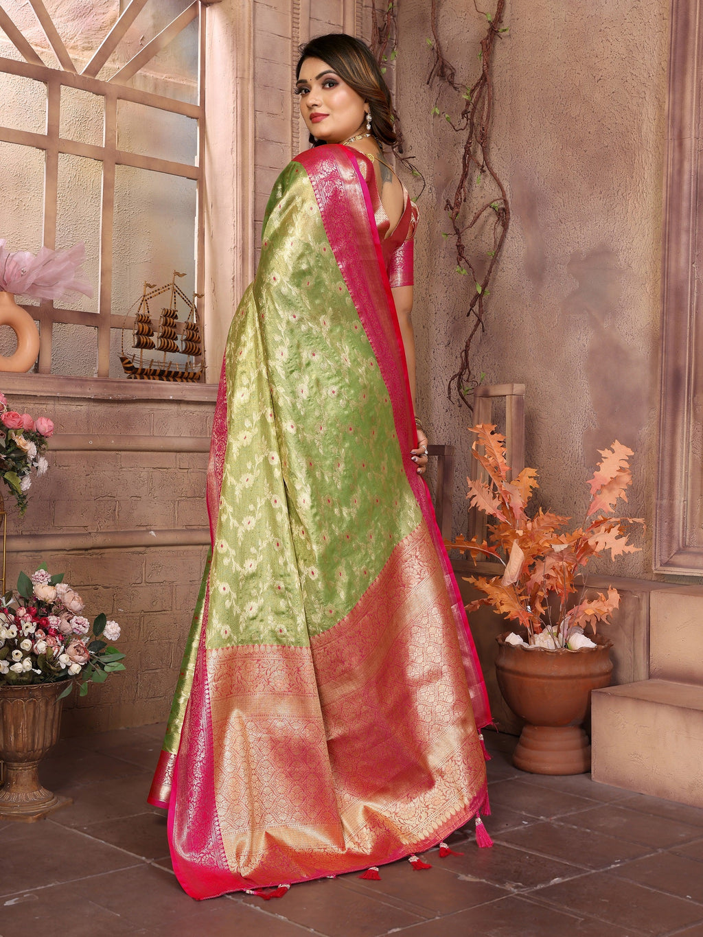 Vedant Vastram Tissue Silk Kanjeevaram Silk Saree - Parrot | Grocsy