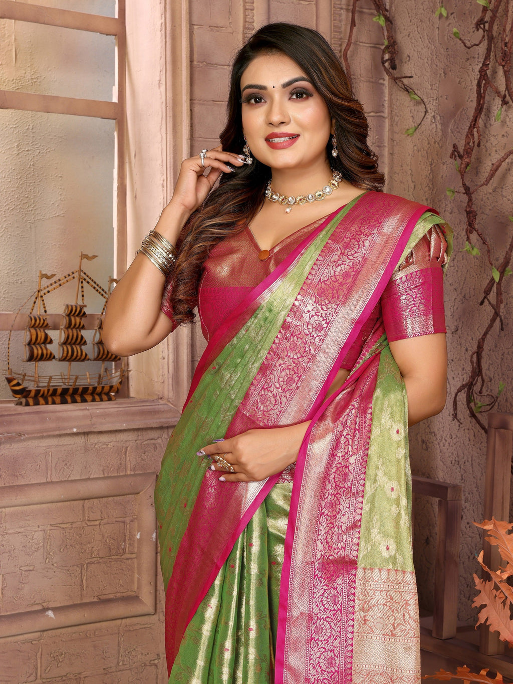 Vedant Vastram Tissue Silk Kanjeevaram Silk Saree - Parrot | Grocsy
