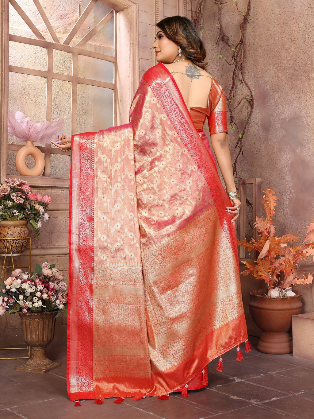 Vedant Vastram Tissue Silk Kanjeevaram Silk Saree - Pink | Grocsy