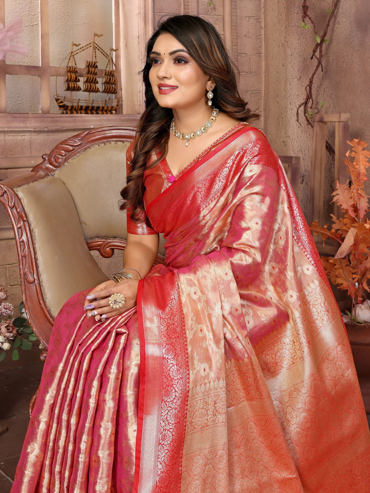 Vedant Vastram Tissue Silk Kanjeevaram Silk Saree - Pink | Grocsy