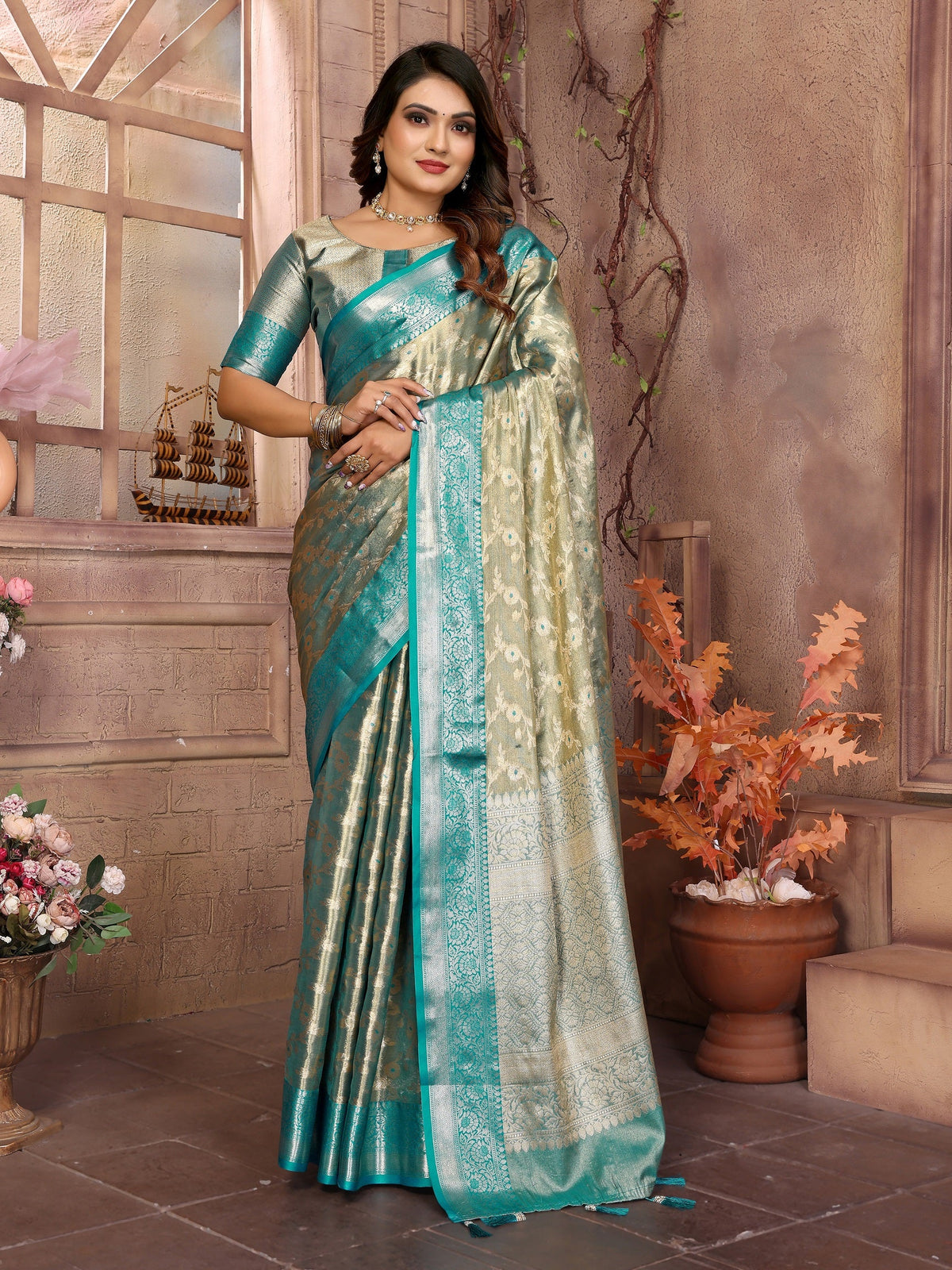 Vedant Vastram Tissue Silk Kanjeevaram Silk Saree - Rama | Grocsy
