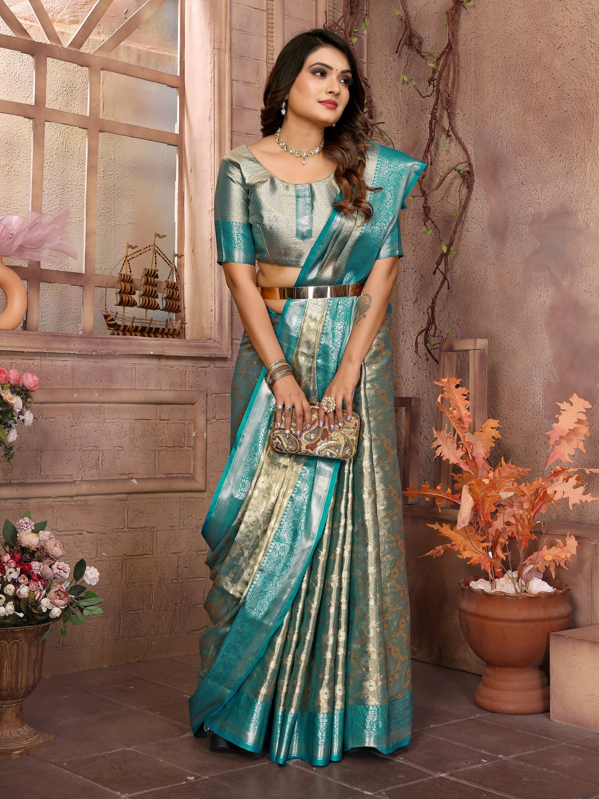 Vedant Vastram Tissue Silk Kanjeevaram Silk Saree - Rama | Grocsy