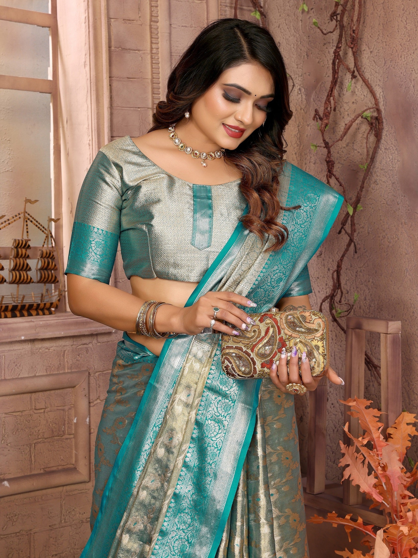 Vedant Vastram Tissue Silk Kanjeevaram Silk Saree - Rama | Grocsy