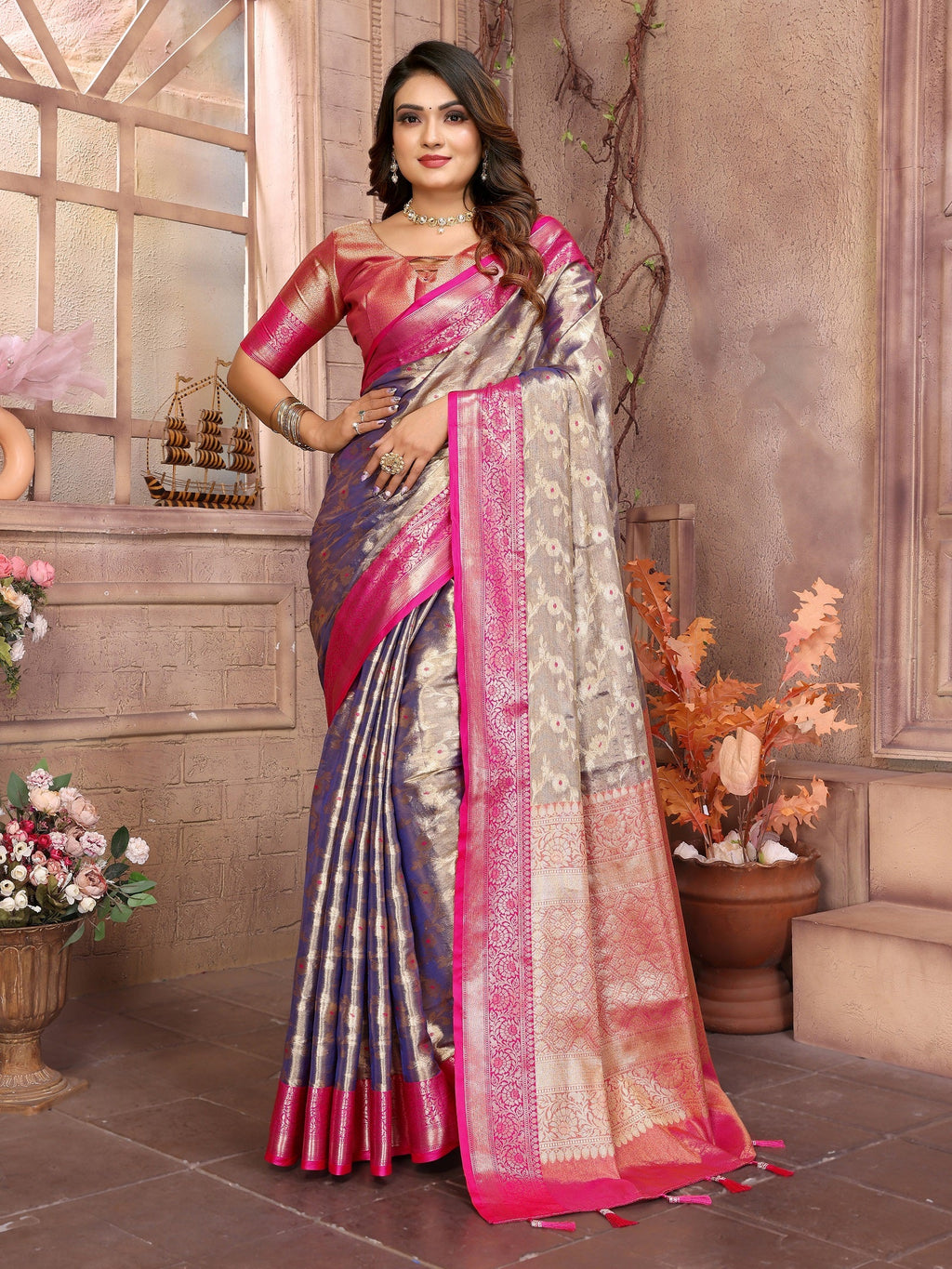 Vedant Vastram Tissue Silk Kanjeevaram Silk Saree - Sky Blue | Grocsy