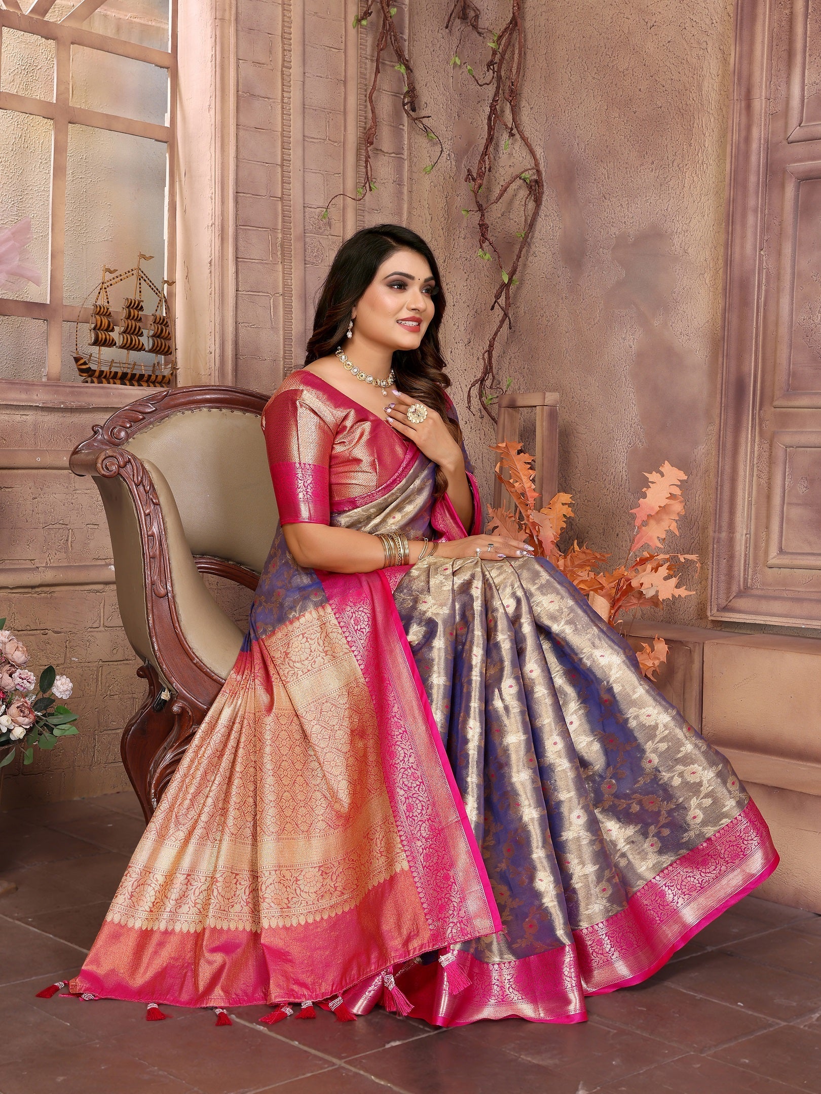Vedant Vastram Tissue Silk Kanjeevaram Silk Saree - Sky Blue | Grocsy