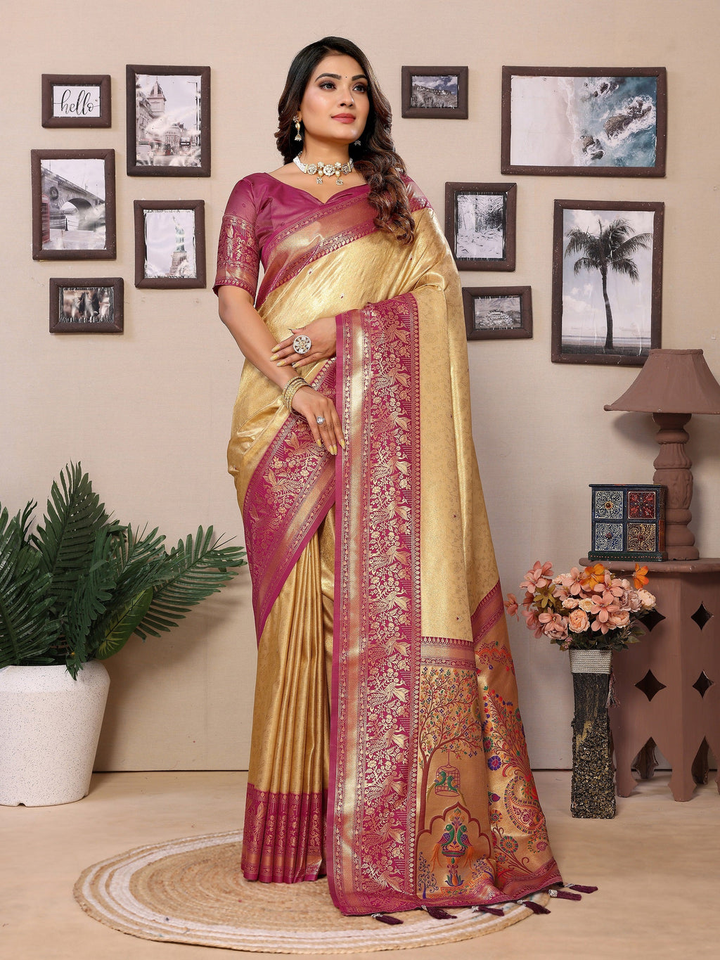Vedant Vastram Tissue Silk Paithani Silk Saree - Beige | Grocsy