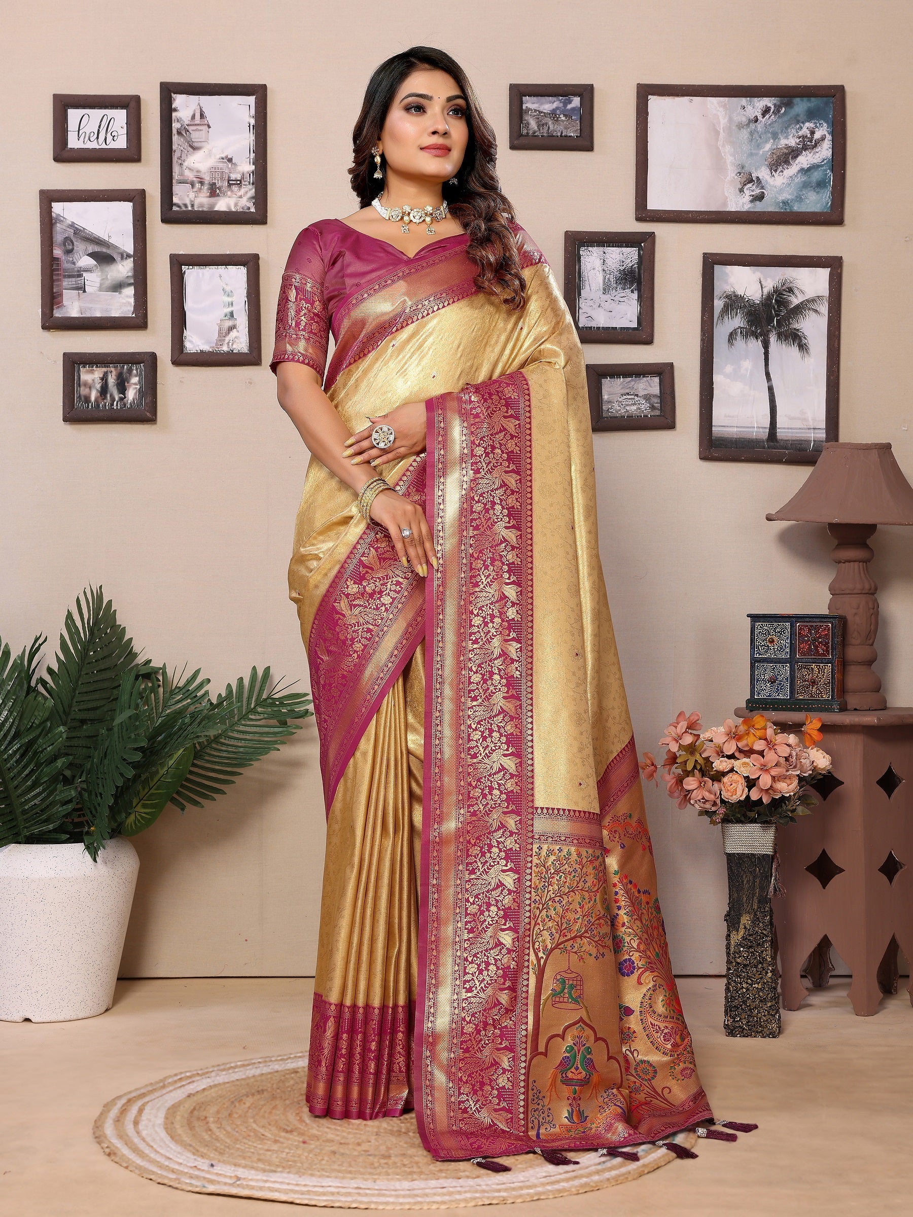 Vedant Vastram Tissue Silk Paithani Silk Saree - Beige | Grocsy