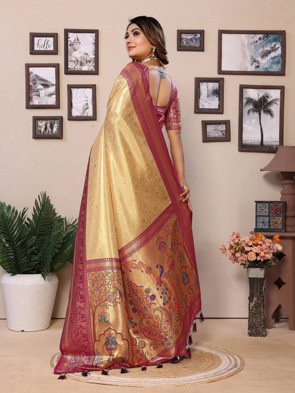 Vedant Vastram Tissue Silk Paithani Silk Saree - Beige | Grocsy