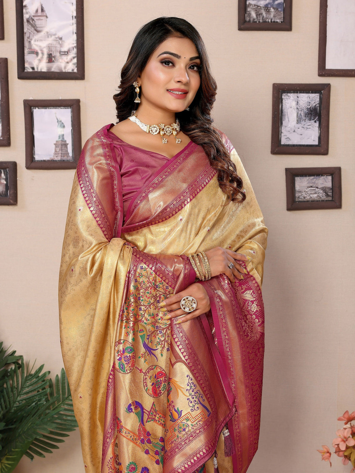 Vedant Vastram Tissue Silk Paithani Silk Saree - Beige | Grocsy