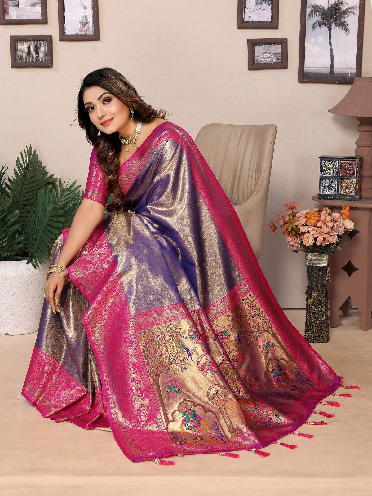 Vedant Vastram Tissue Silk Paithani Silk Saree - Blue | Grocsy