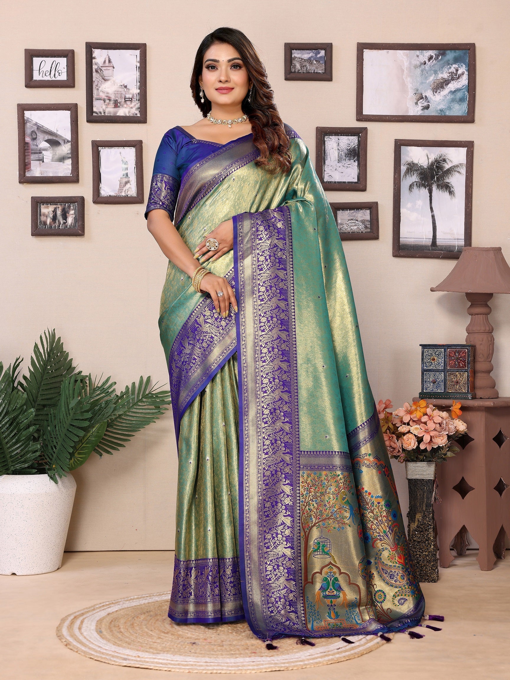 Vedant Vastram Tissue Silk Paithani Silk Saree - Pista | Grocsy