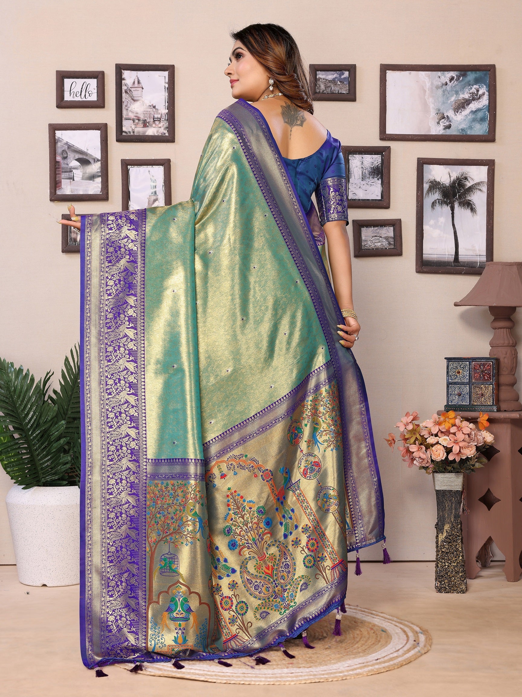 Vedant Vastram Tissue Silk Paithani Silk Saree - Pista | Grocsy