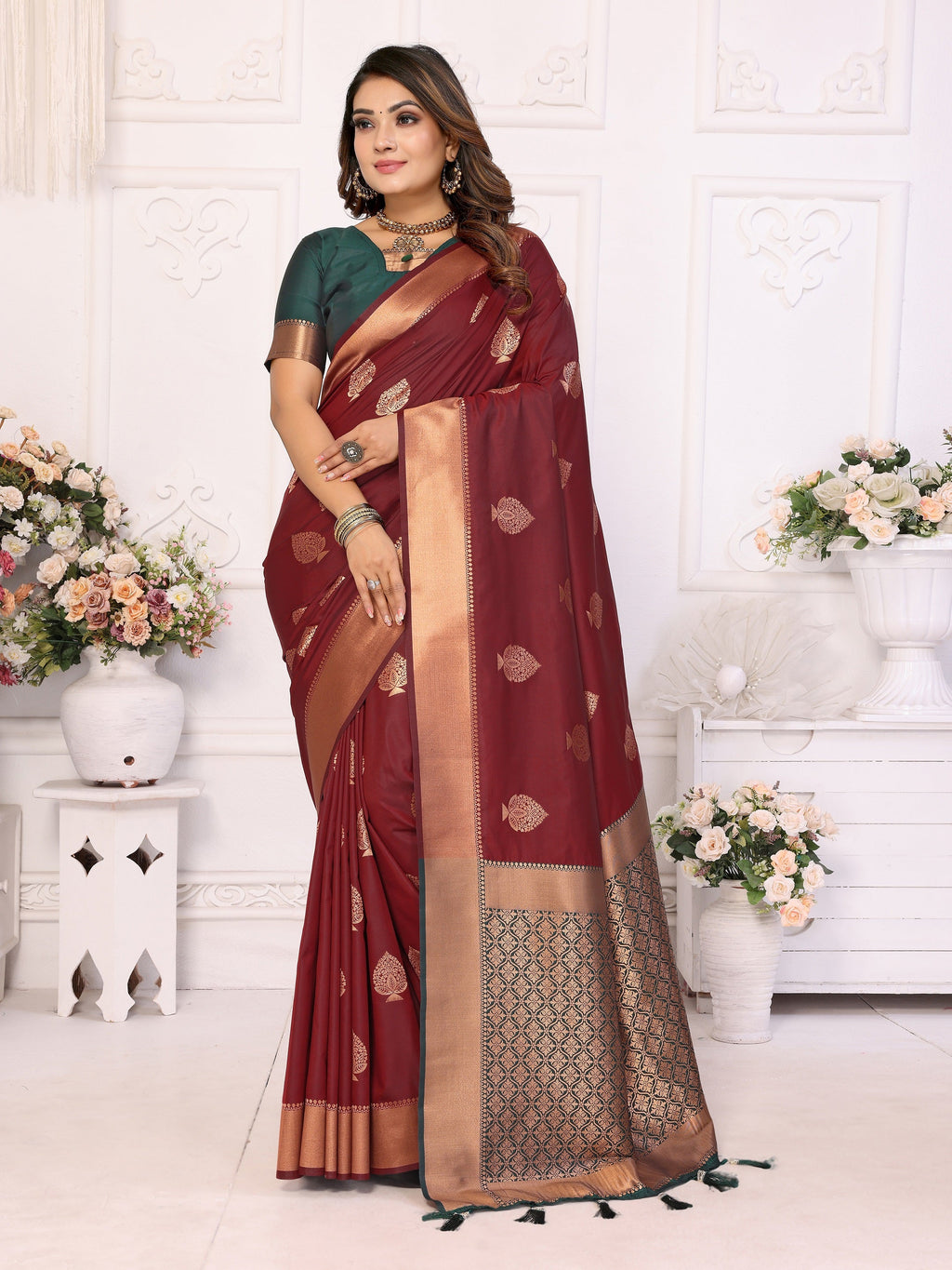 Vedant Vastram Soft Litchi Silk Banarasi Silk Saree - Maroon | Grocsy