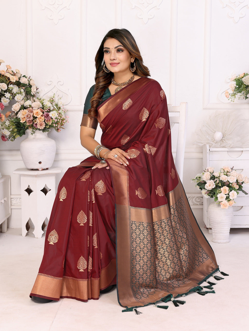 Vedant Vastram Soft Litchi Silk Banarasi Silk Saree - Maroon | Grocsy