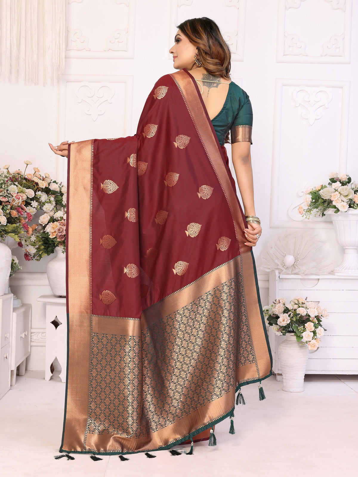 Vedant Vastram Soft Litchi Silk Banarasi Silk Saree - Maroon | Grocsy