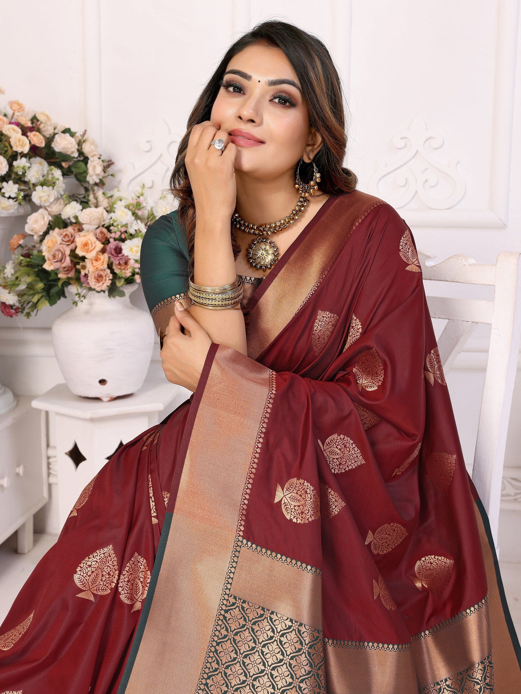 Vedant Vastram Soft Litchi Silk Banarasi Silk Saree - Maroon | Grocsy