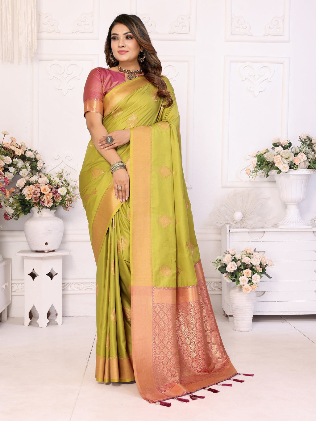 Vedant Vastram Soft Litchi Silk Banarasi Silk Saree - Olive | Grocsy