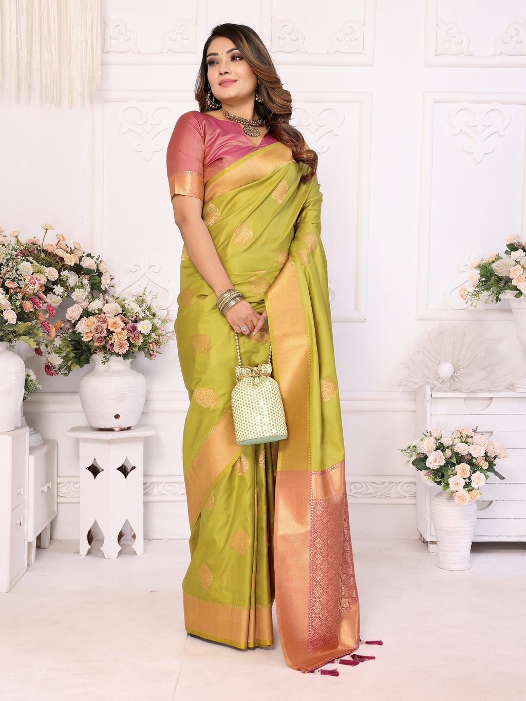 Vedant Vastram Soft Litchi Silk Banarasi Silk Saree - Olive | Grocsy
